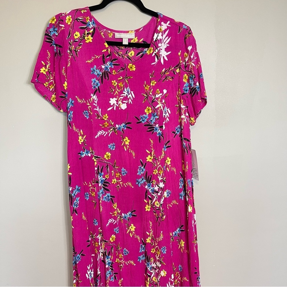 Woman Within Long Maxi Shift Dress Size 12 Pink Floral V Neck Pullover Casual